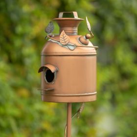 63" Tall Old Style Milk Can Birdhouse Garden Stake in Antique Copper