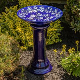 24" Tall Blue Porcelain Pedestal Birdbath with Hand Painted Basin "Madison"