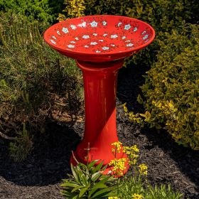 24" Tall Red Porcelain Birdbath with Light Blue Hand Painted Flowers "Alice"