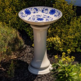 24" Tall White Porcelain Birdbath with Hand Painted Blue Flowers "Audrey"