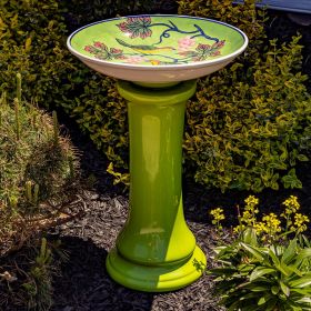 24" Tall Green Porcelain Birdbath with Hand Painted Birds & Grapes "Saguramo"