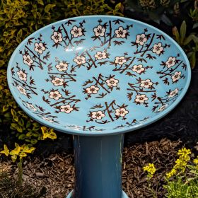 24" Tall Baby Blue Porcelain Birdbath with Hand Painted Cherry Blossoms "Eloise"