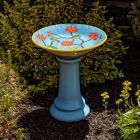 15" Tall Light Blue Porcelain Birdbath with Hand Painted Flower Buds "Odeletta"