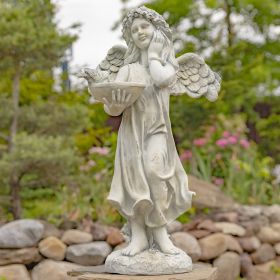 39" Tall Magnesium Angel Statue with Birdbath "Jazmin" (Colors_Zaer: Antique White)