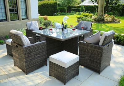 Brown 9 Piece Square Outdoor Dining Set With Beige Cushions 101" X 49" X 45"