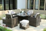 Brown 9 Piece Square Outdoor Dining Set With Beige Cushions 101" X 49" X 45"