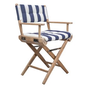 Blue and White And Brown Solid Wood Director Chair With Blue and White Cushion Style 4