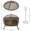 Large Wood Burning Fire Pit Cauldron Style Steel Bowl w/ BBQ Grill, Log Poker, and Mesh Screen Lid