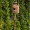63" Tall Old Style Milk Can Birdhouse Garden Stake in Antique Copper