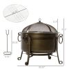 Outdoor Wood Burning Fire Pit Cauldron Style Steel Bowl w/ BBQ Grill, Log Poker, and Mesh Screen Lid