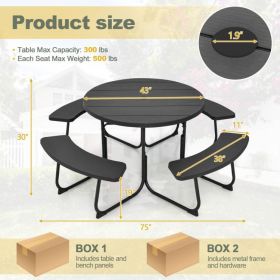 Black Outdoor Metal and HDPE Picnic Table Bench Set with Umbrella Hole - Seats 8