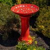 24" Tall Red Porcelain Birdbath with Light Blue Hand Painted Flowers "Alice"