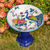 15" Tall Porcelain Birdbath with Hand Painted Peacock & Flowers "Indigo"