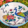 15" Tall Porcelain Birdbath with Hand Painted Peacock & Flowers "Indigo"