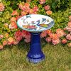 15" Tall Porcelain Birdbath with Hand Painted Peacock & Flowers "Indigo"