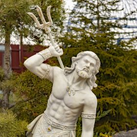 48" Tall Magnesium Merman Garden Statue Throwing Trident in Antique Grey "Scotty"