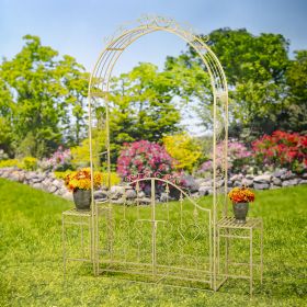 96" Tall Garden Gate Archway with 2 Side Plant Stands in Antique  White "Genevieve" (Colors_Zaer: Antique White)