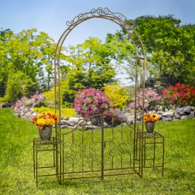 96" Tall Garden Gate Archway with 2 Side Plant Stands in Antique  White "Genevieve" (Colors_Zaer: Antique Bronze)