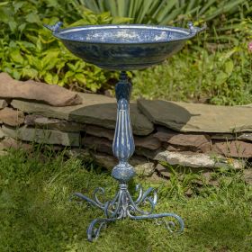 27" Tall Ornate Pedestal Birdbath with Little Bird Details (Colors_Zaer: Antique Blue)