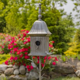64.5" Tall Iron Birdhouse Stake "Ava" (Colors_Zaer: Antique Silver)