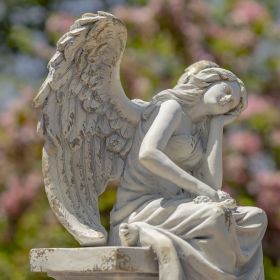 30.7" Tall Magnesium Angel Statue Sitting on Pillar "Nicole Alyse" (Colors_Zaer: Antique Grey)
